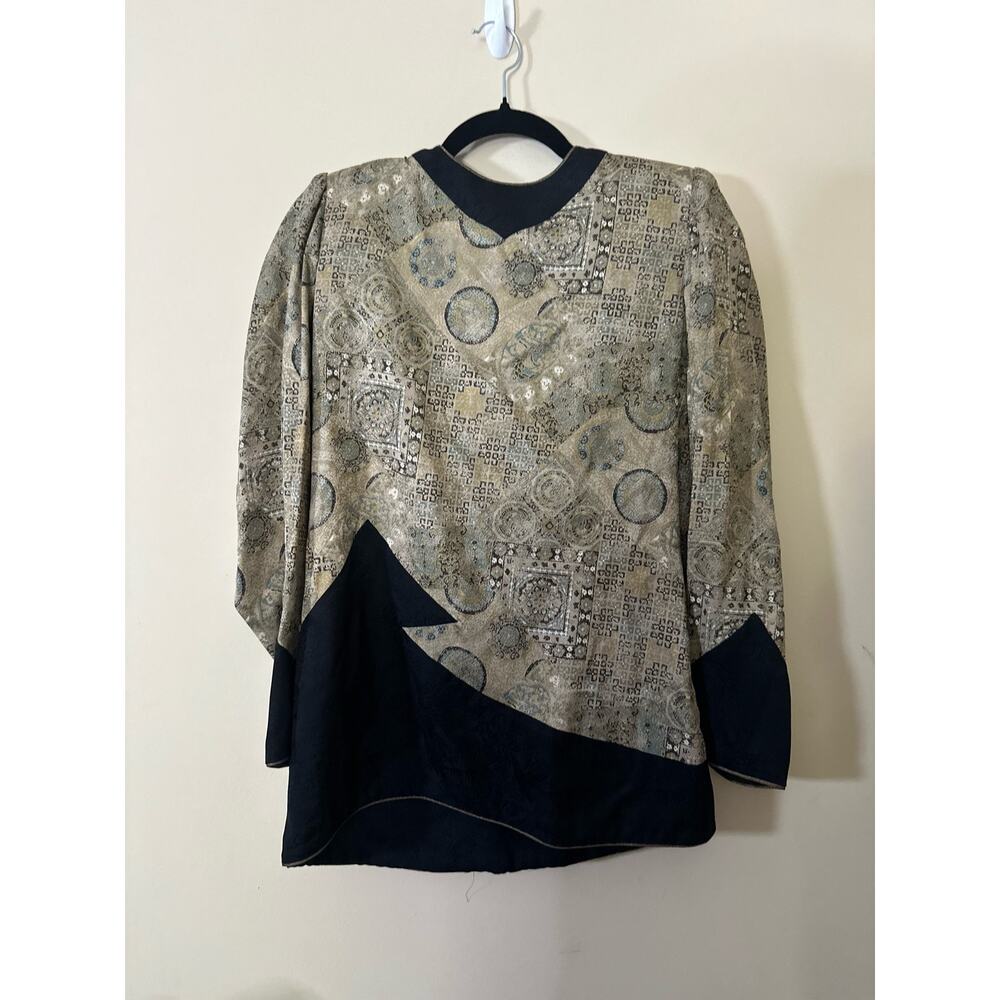 Vintage Ungaro Silk Black Beige Metallic Patchwork Print Long Sleeve Top Size 10 - Picture 2 of 7